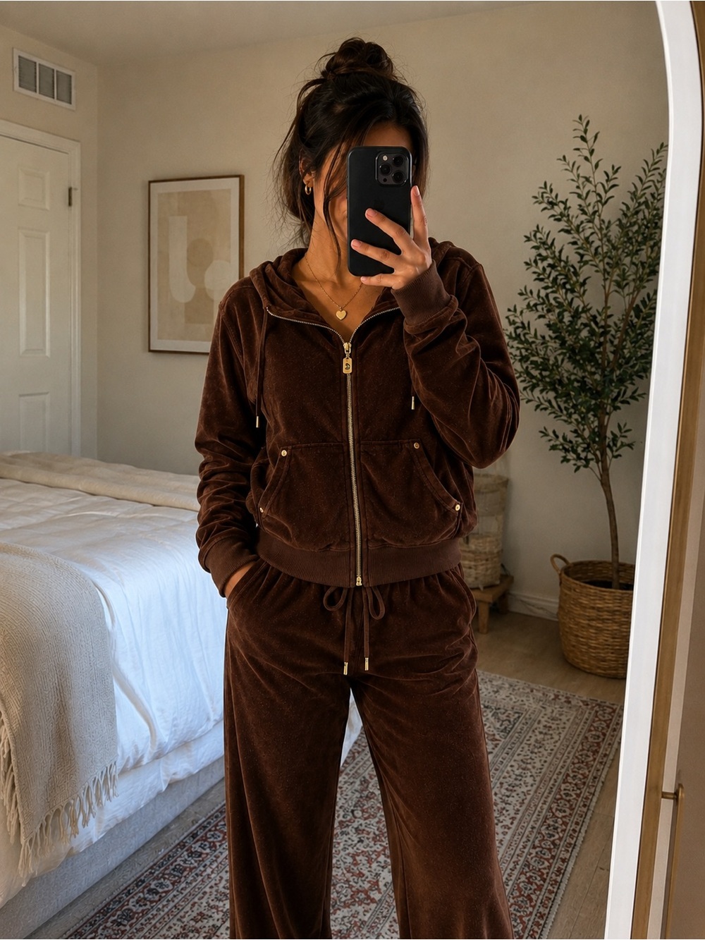 Michael Kors Brown Velour Zip Hoodie & Wide-Leg Pants Set